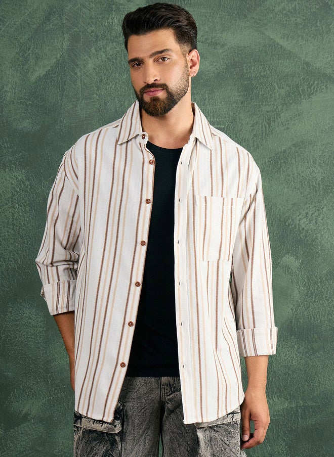 CHIMPAAANZEE Men Oversized Fit Vertical Striped Spread Collar Casual Shirt - Image 2